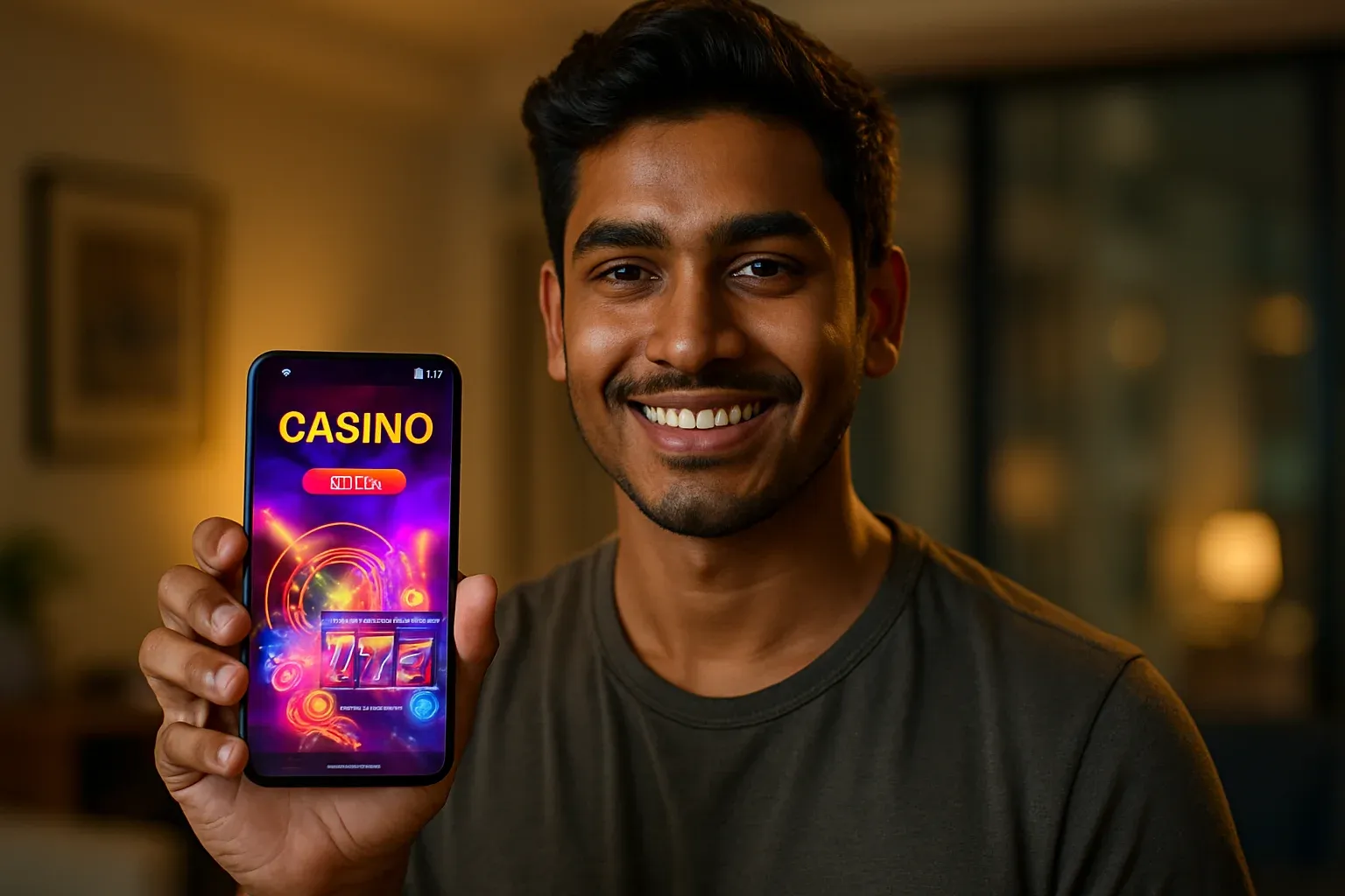 Young Bangladeshi man holding smartphone showing glowing colorful casino app interface