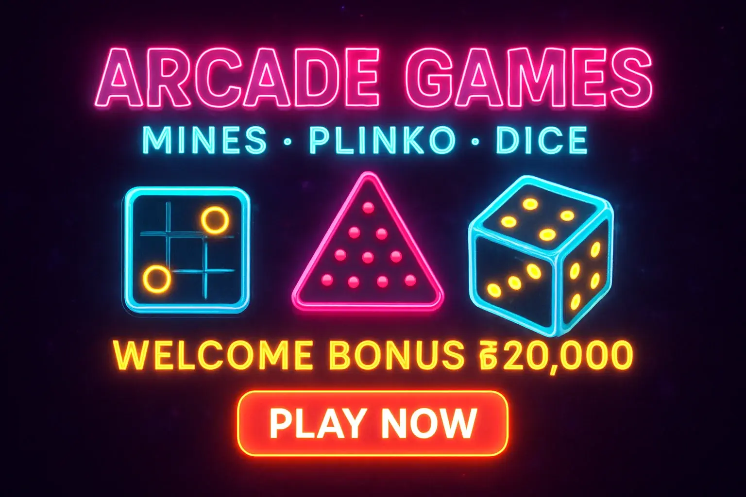 Neon arcade games banner with mines, plinko, dice icons and play now CTA