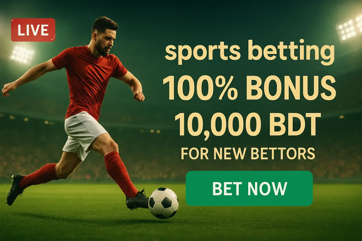 Sports betting promo banner with footballer, green stadium, 100% bonus Bangladesh currency