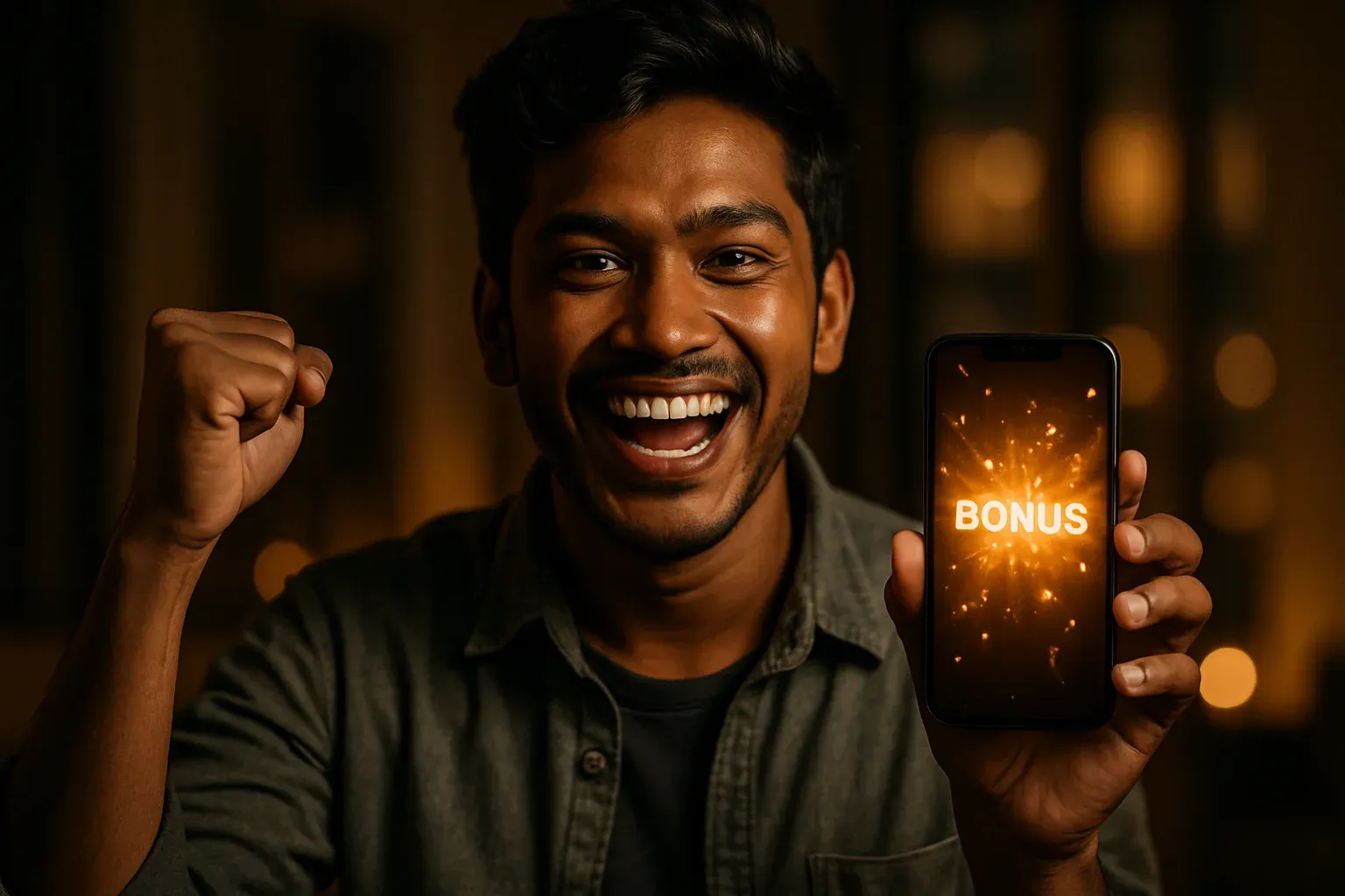 Joyful young Bangladeshi man celebrating, holding smartphone with glowing bonus notification