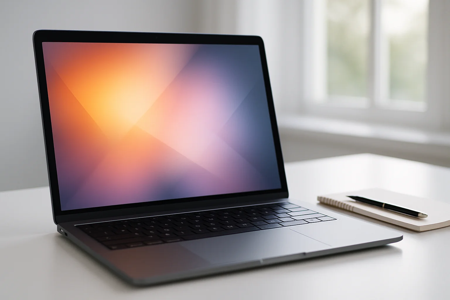 Modern laptop on white desk with abstract glowing screen in daylight