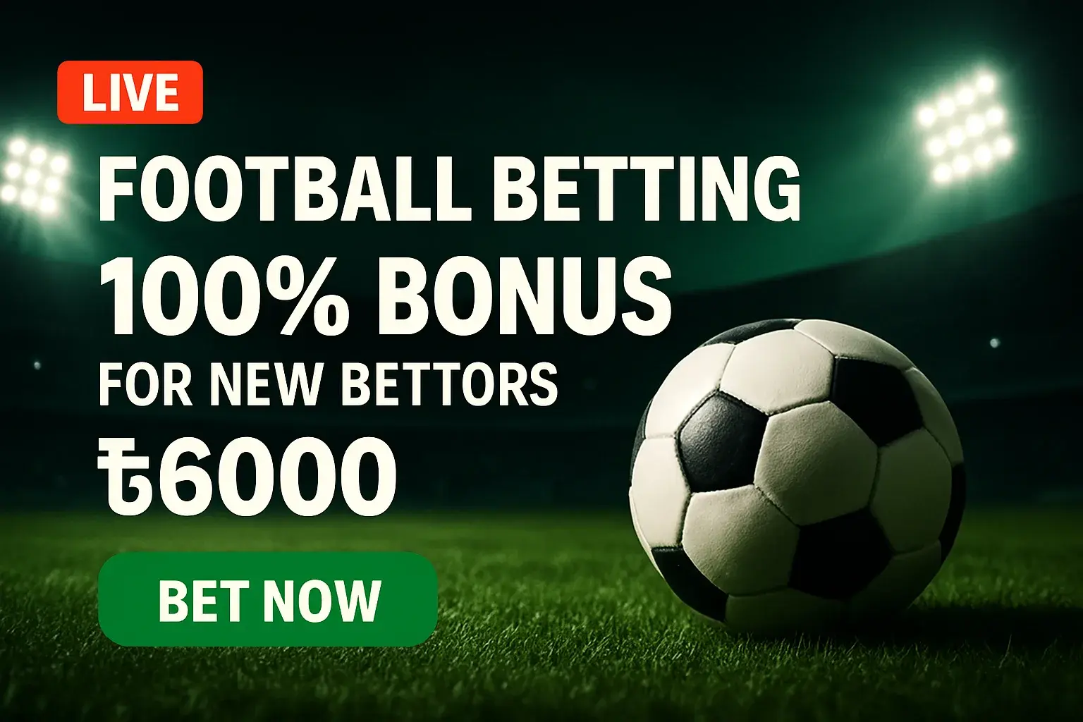 Football betting banner with soccer ball, live badge, 100% bonus and bet now button