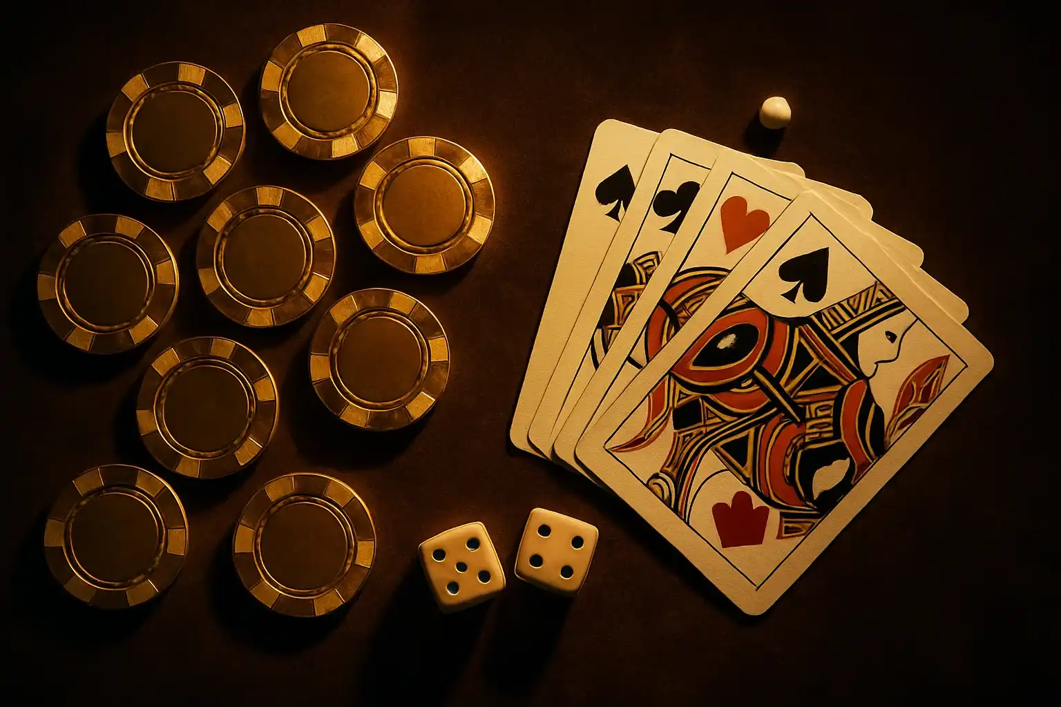 Top-down dark velvet flat-lay with gold chips, cards, dice, roulette ball