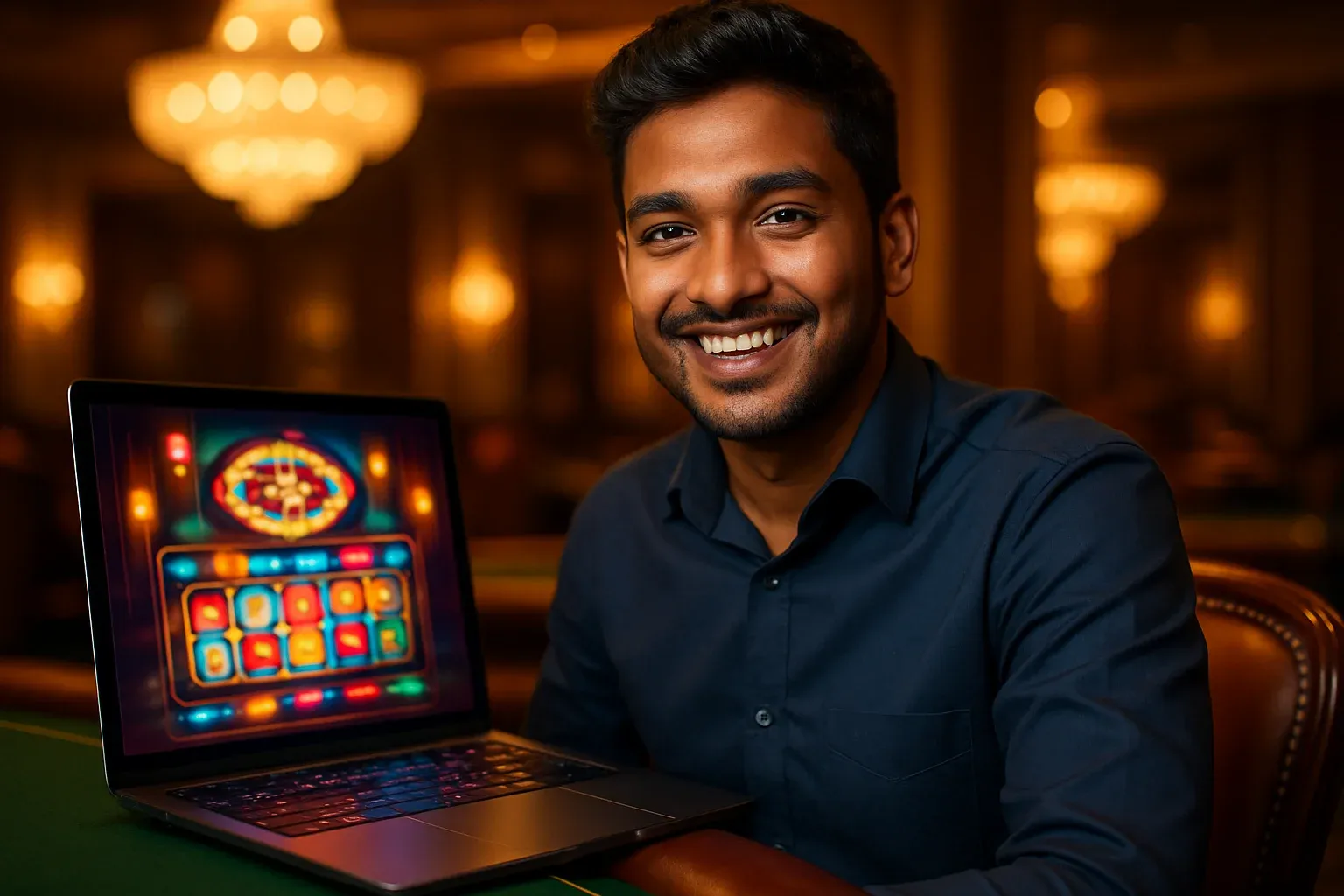 Cheerful Bangladeshi man smiling at laptop in premium casino lounge
