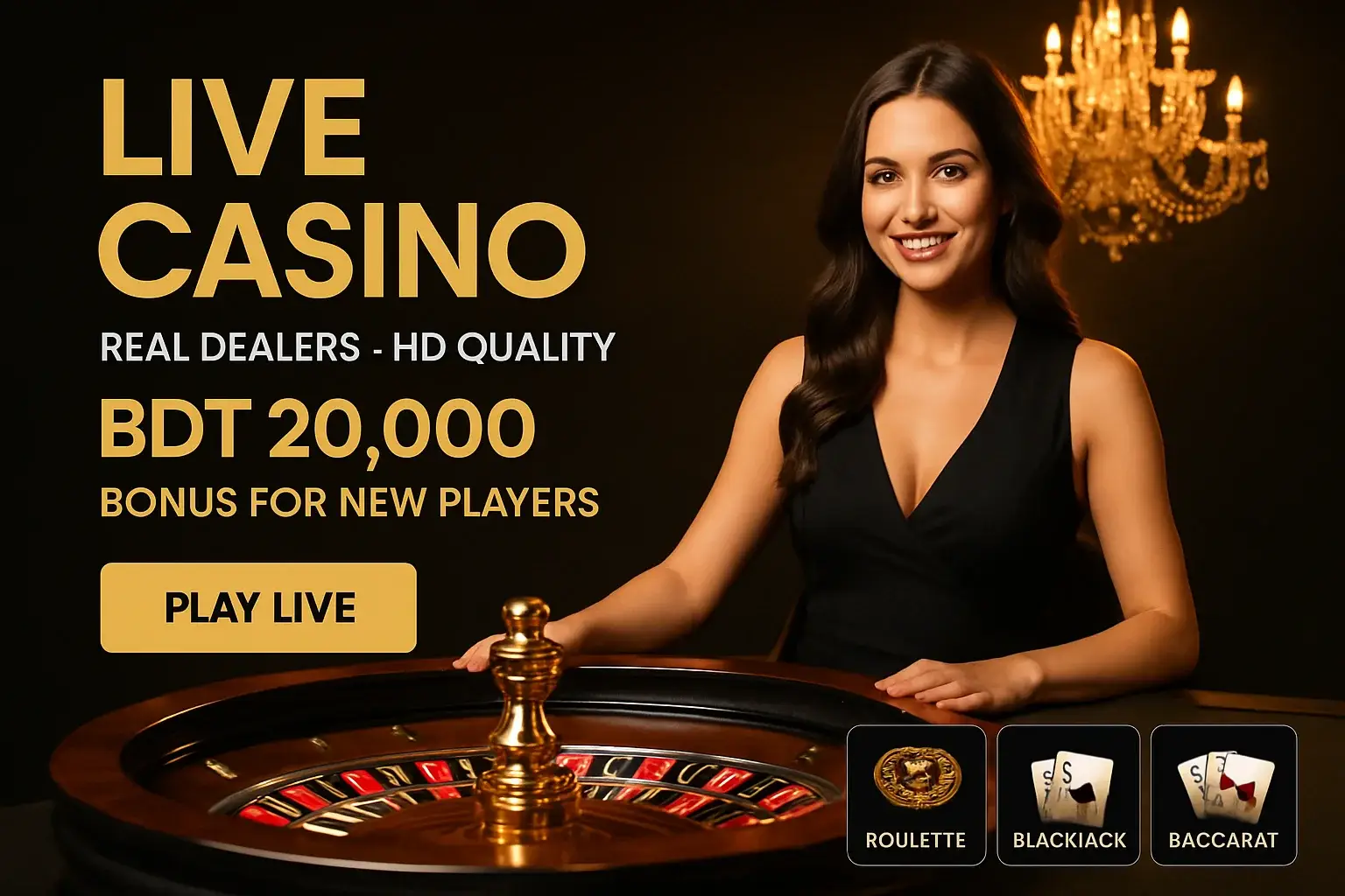 Luxurious live casino banner with female dealer, roulette, bonus and CTA