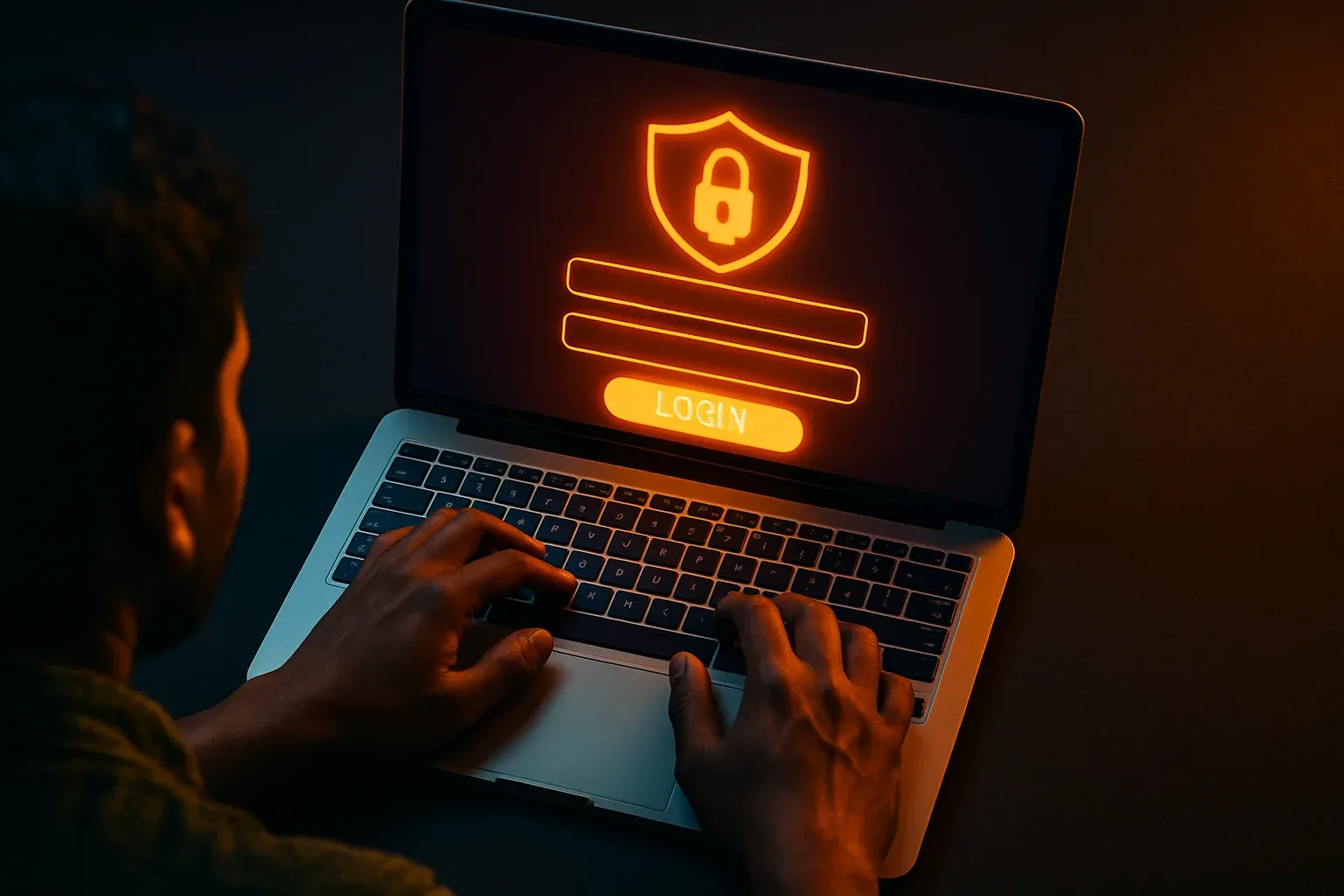 Bangladeshi hands using laptop with glowing login form on screen