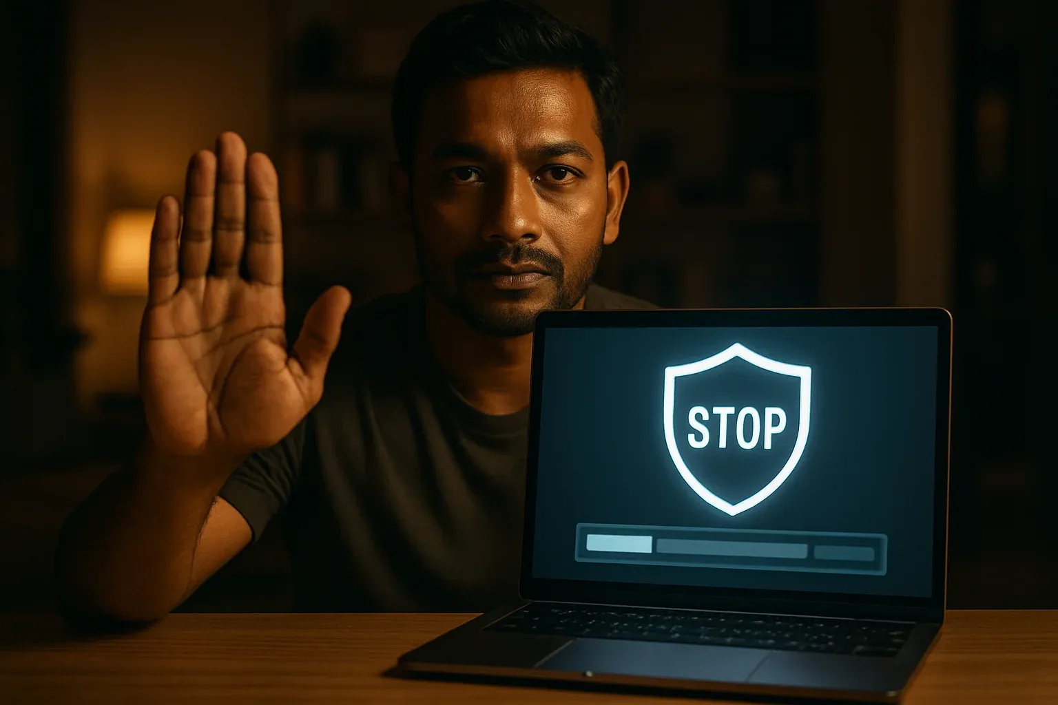 Bangladeshi man shows stop gesture beside laptop with session limit icon