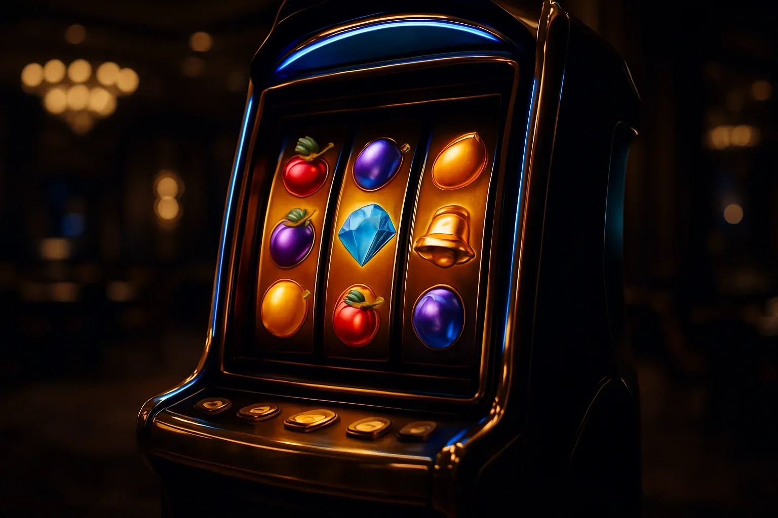 Hyperrealistic wide shot of premium slot machine in dark luxury casino