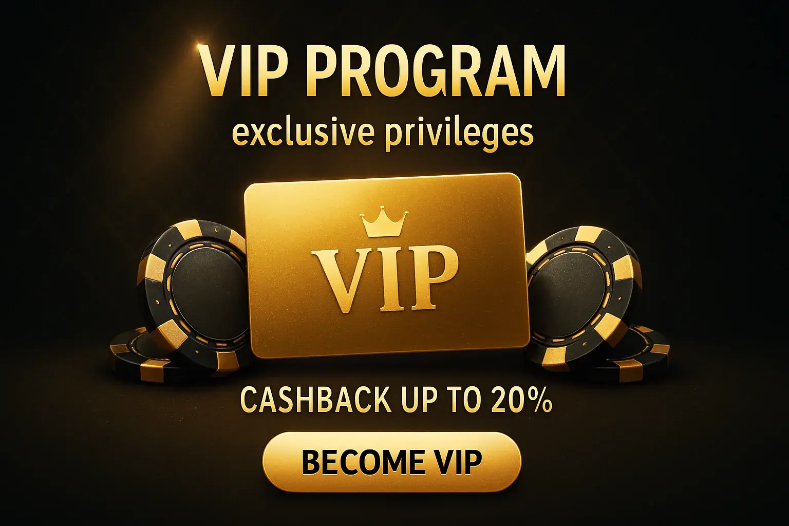 Luxurious black and gold casino VIP program banner with VIP card